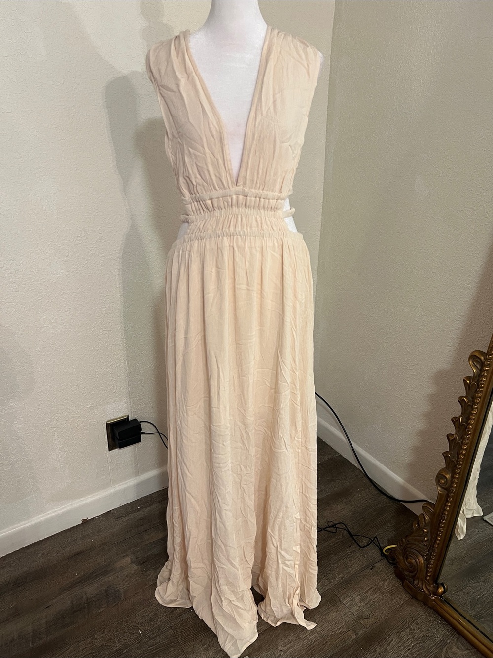 Lovely Day Cream Deep V Maxi Dress with Smocked Waist
